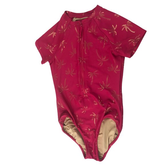 Girl's Swimsuit Short Sleeve Pink with Gold Palm Trees Print.Size 14. Zipper